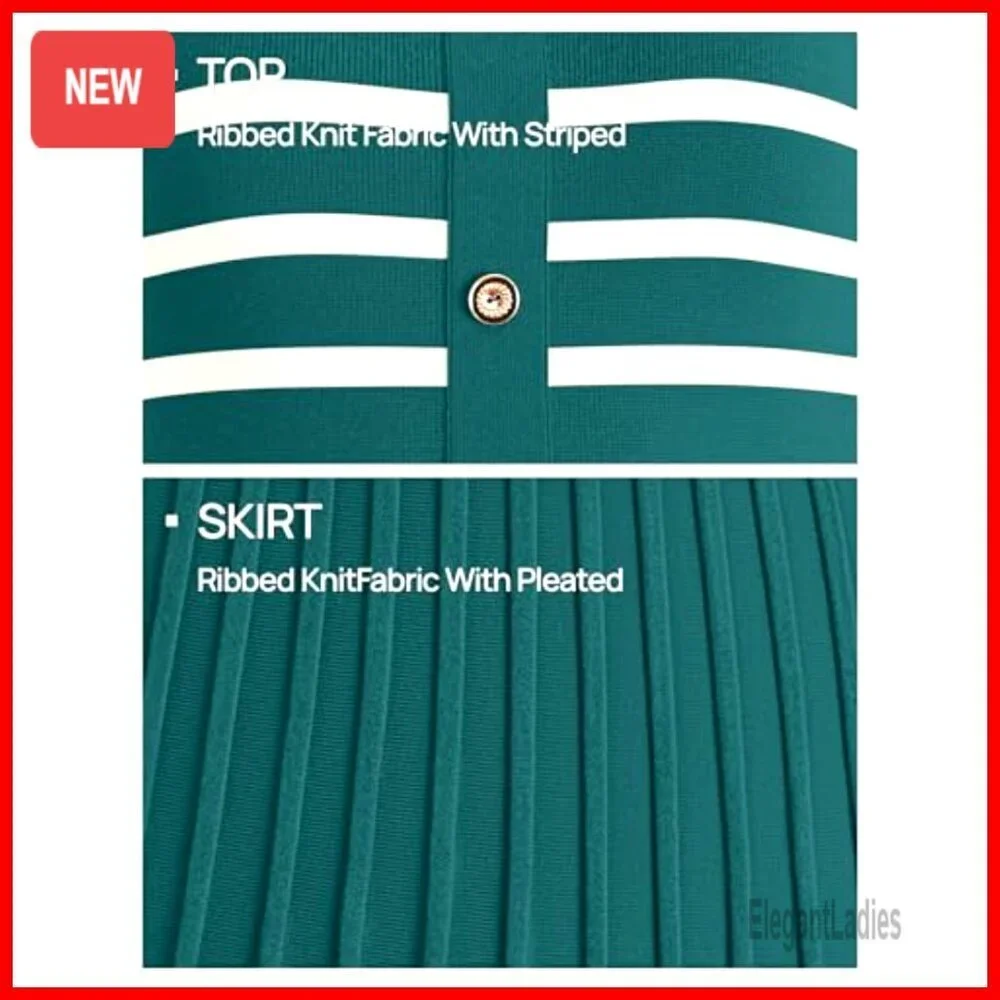 Casual Striped Midi Dress Crewneck Short Sleeve Button Ribbed Knit Swing Pleated